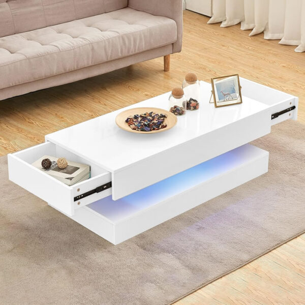 AINPECCA LED Coffee Table with Storage 2 Drawer White High Gloss Coffee Tables