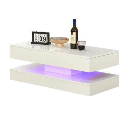 AINPECCA LED Coffee Table with Storage 2 Drawer White High Gloss Coffee Tables - Image 2